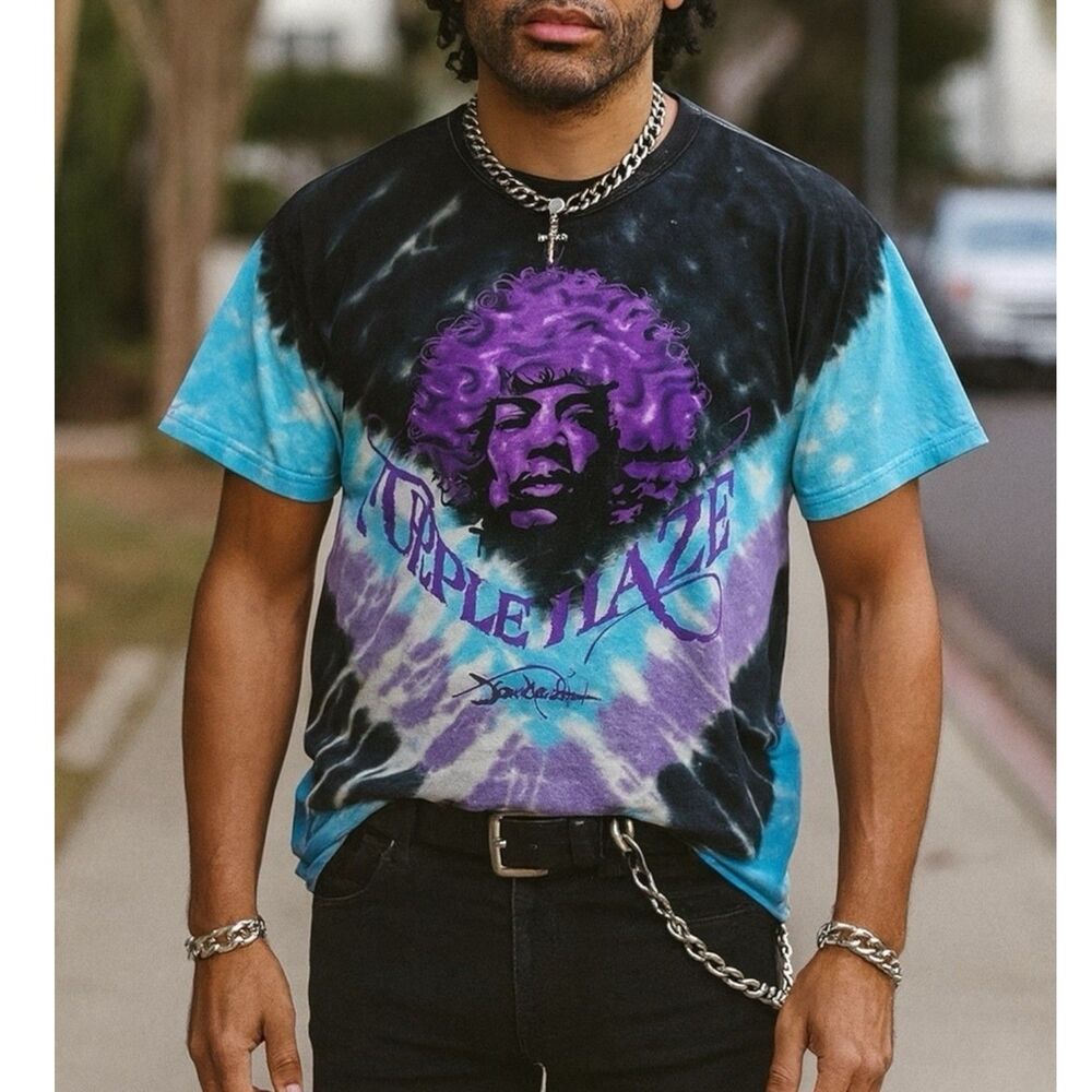 Jimi Hendrix Purple Haze‎ T Shirt M Band Tee Blue Black Tie Dye Graphic Rock